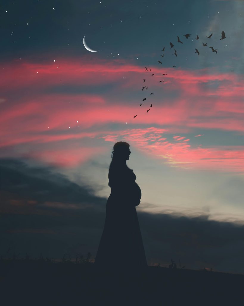 A serene silhouette of a pregnant woman under a crescent moon and migrating birds at twilight.